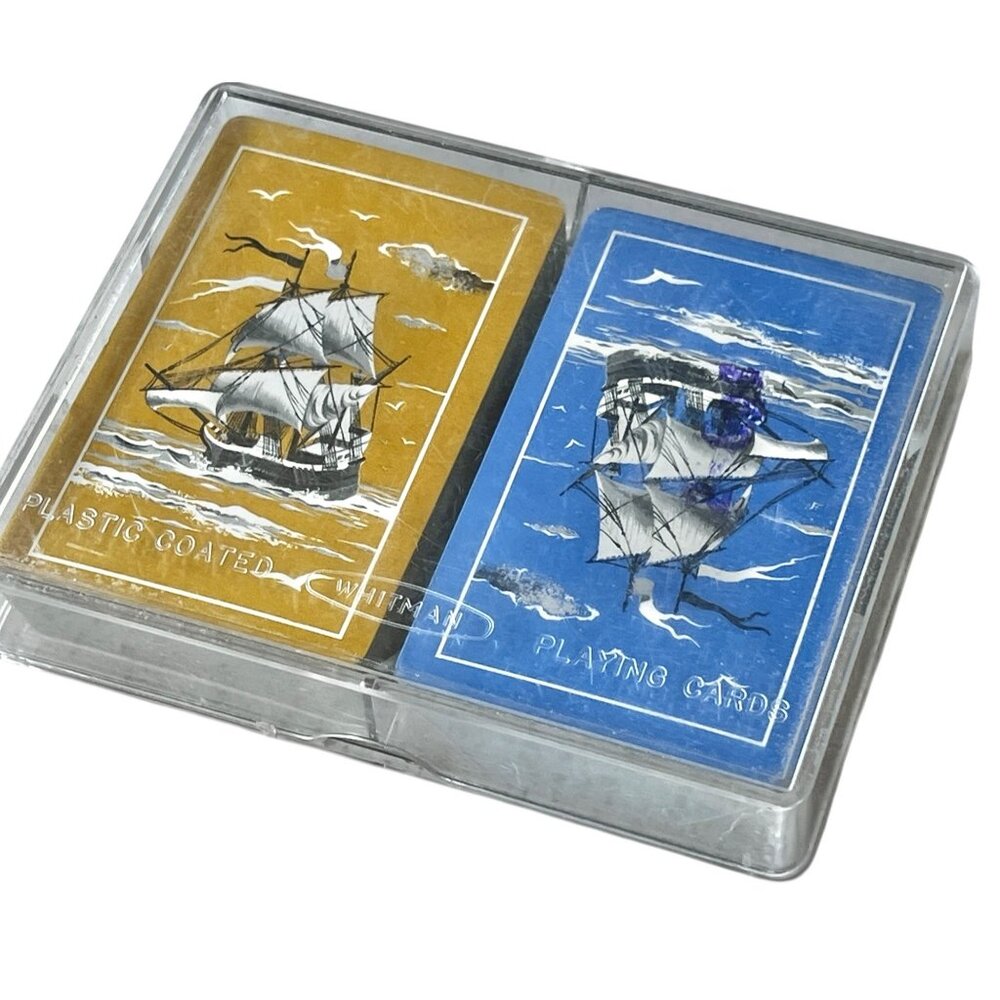 Whitman Double Deck Playing Cards in Clear Plastic Case Vintage Family Games